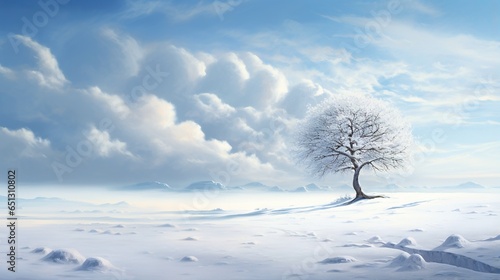  a painting of a lone tree in a snowy landscape with mountains in the background. generative ai