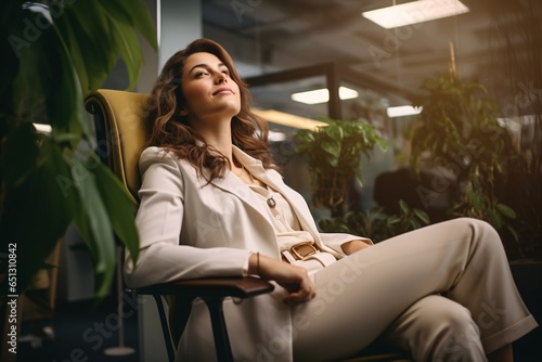 A successful businesswoman relaxing and laid back in her chair in the office photo