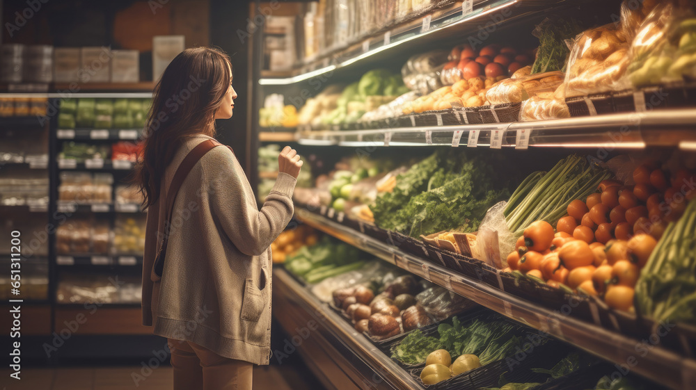 A girl in a supermarket chooses products, vegetables, fruits and drinks.