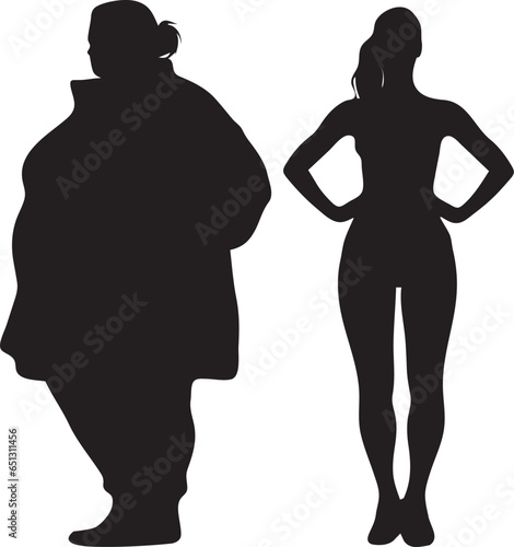A silhouette of a fat and slim woman. After before concept of weight lose.