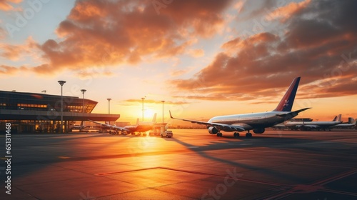 A vibrant sunset illuminates the airport terminal buildings and runways, casting a warm glow on the sleek silhouette of planes. Scattered clouds paint the sky with vibrant hues as the busy tarmac buz photo