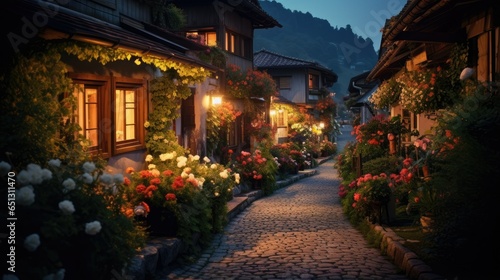 A peaceful village at dusk with cozy houses  twinkling lights  and blooming flowers. The golden light casts a serene ambiance over the landscape  as gentle rustling leaves and a scenic view add to th