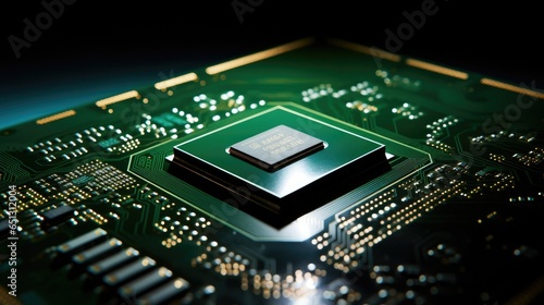 Illuminated green computing chip with intricate circuitry, angled on a surface. Soft light and shadows reveal patterns. Innovative, eco-friendly technology for efficient data processing and connectiv