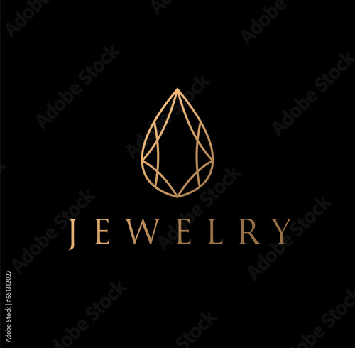 Brilliant jewelry drop logo for beauty, cosmetics brand. Vector elegant golden earring gemstone line art logo icon
