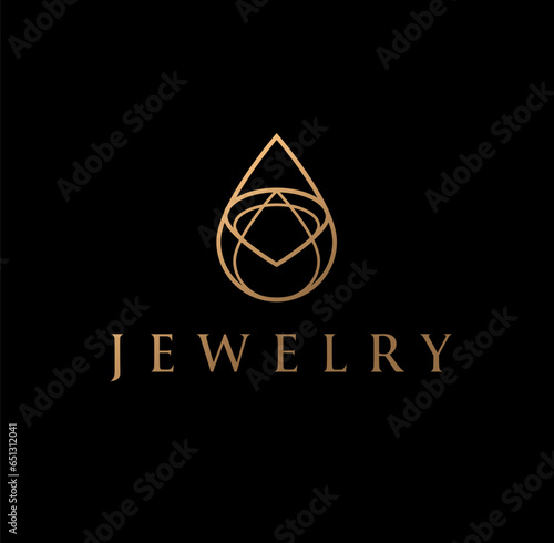 Brilliant jewelry drop logo for beauty, cosmetics brand. Vector elegant golden earring gemstone line art logo icon