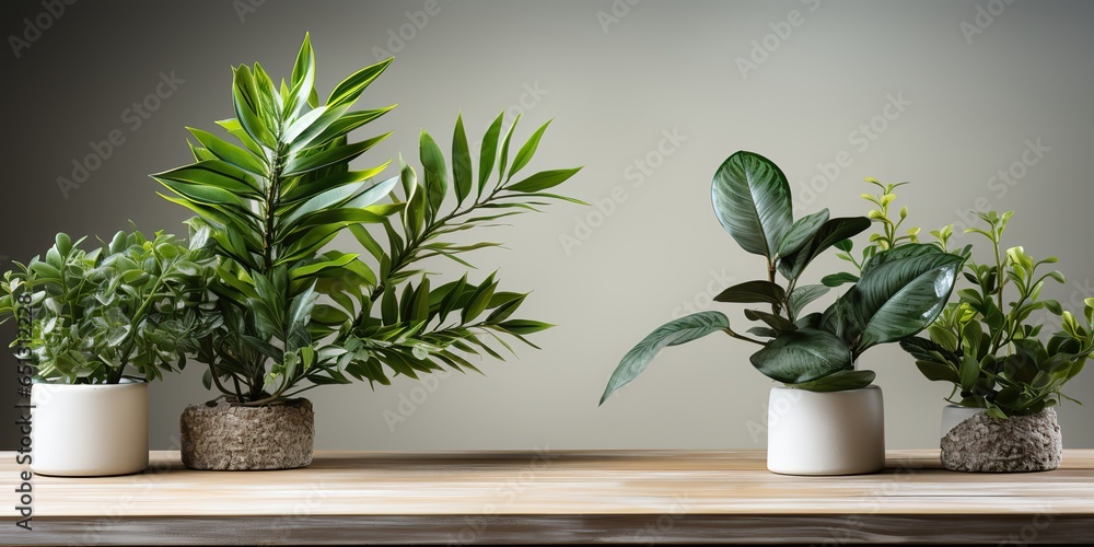AI Generated. AI Generative. Green fresh beautiful blossom plants on wooden table and wall. Mock up decorative template. Can be used for plants flowers store promotion