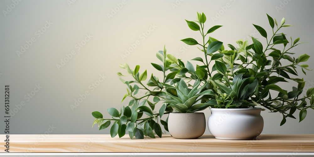AI Generated. AI Generative. Green fresh beautiful blossom plants on wooden table and wall. Mock up decorative template. Can be used for plants flowers store promotion