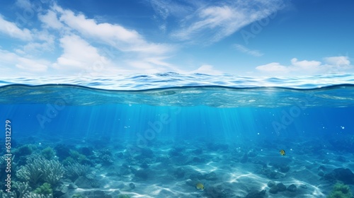 Split view horizon of blue sky with clouds and sunlight and blue underwater ocean. Breathtaking Oceanic Panorama - with copy space to insert ads. © Twinny B Studio