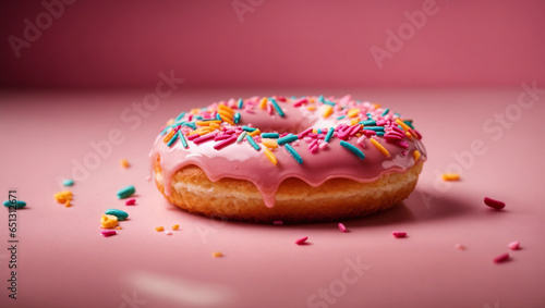 Appetizing donut on a pink background with pink glaze and multi-colored sprinkles