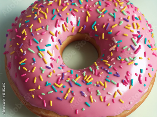 Appetizing donut on a white background with pink glaze and multi-colored sprinkles