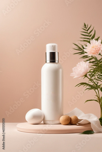 Blank cosmetic product bottles standing on podium on pink background with plants, Natural and health cosmetic products display mockups.