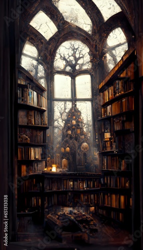 Library interior an ancient Gothic library view from afar hyperreal dead tree by the window ultra detailed photorealistic HD cinematic lighting creepy beautiful library glowing window view 