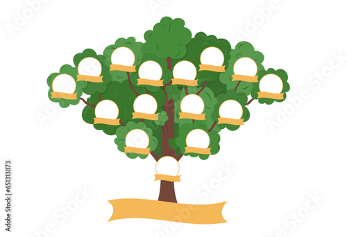 Family Tree template. Genealogical tree with blank spaces for members of family. Relationship between child, parents and grandparents. Heritage vector illustration