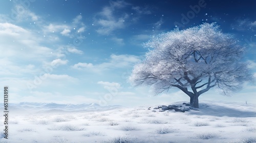  a snow covered tree on a snowy hill under a blue sky.  generative ai © Anna