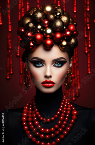 New Year's portrait of a young beautiful girl who has an eccentric unique outfit made of Christmas decorations, ornaments and lights. Welcome the new year with style.