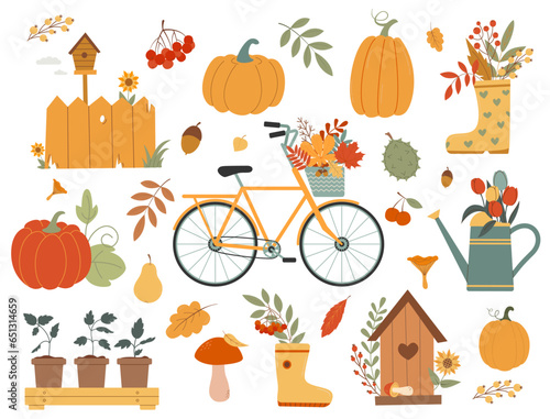 Large set of autumn elements. Fall icons set. Harvest, vegetables, fruits, mushrooms. Bicycle with autumn leaves. Vector illustration