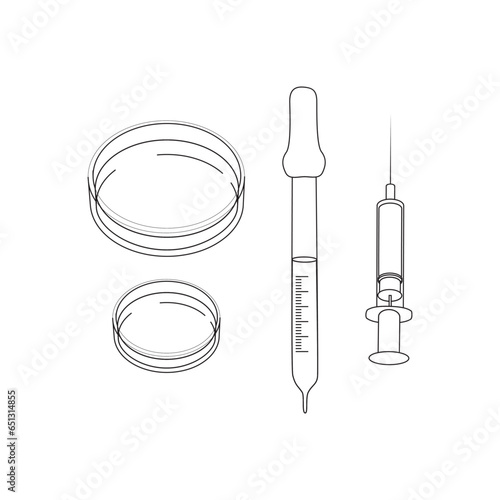 Set of syringe and petri dish icons, black and white, simple vector illustration design. Medical carttoon symbol to use in websites, lectures, presentations, etc