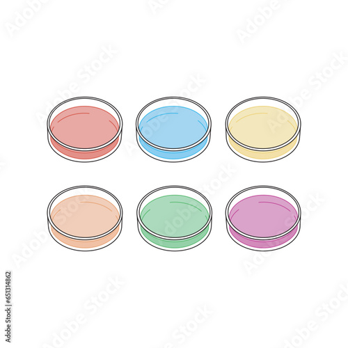 Set of 6 petri dish colorful icons, simple vector illustration design. Medical carttoon symbol to use in websites, lectures, presentations, etc