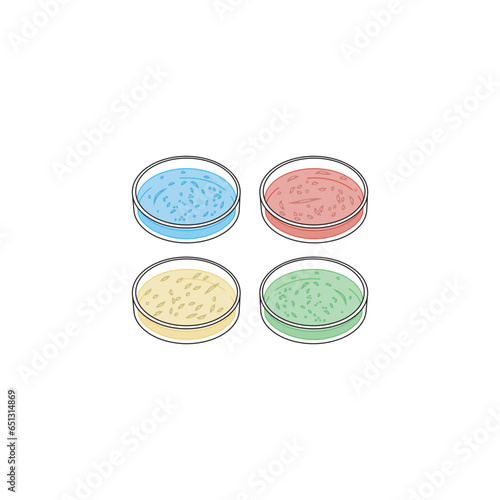 Set of 4 petri dish colorful icons with bacteria growth, simple vector illustration design. Medical carttoon symbol to use in websites, lectures, presentations, etc