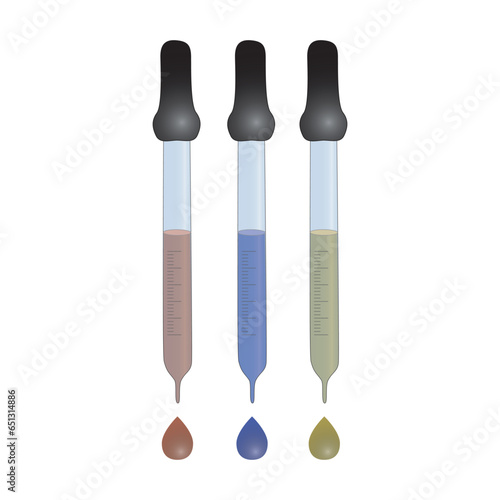 Set of 3 pipette and drops colorful icons, simple vector illustration design. Medical carttoon symbol to use in websites, lectures, presentations, etc