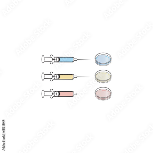 Set of 3 syringe and petri dish icons, simple vector illustration design. Medical carttoon symbol to use in websites, lectures, presentations, etc photo