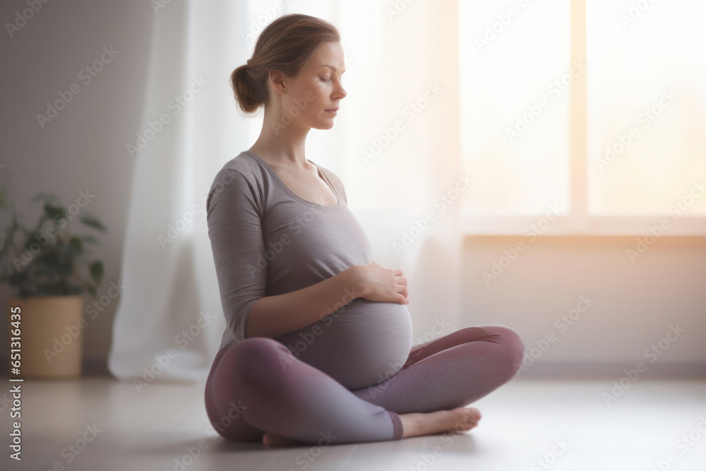 A pregnant woman practicing meditation in her living room at home, promoting patience and regulating emotions to enhance the acceptance of physical changes.breathwork concept. A pregnant woman practicing meditation in her living room at home, promoting patience and regulating emotions to enhance the acceptance of physical changes.breathwork concept.