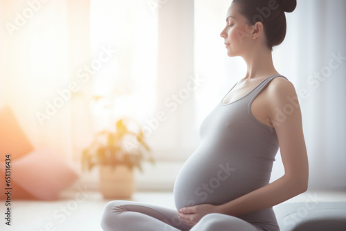 Fotomurale woman performing yoga during pregnancy to prevent premature or late delivery