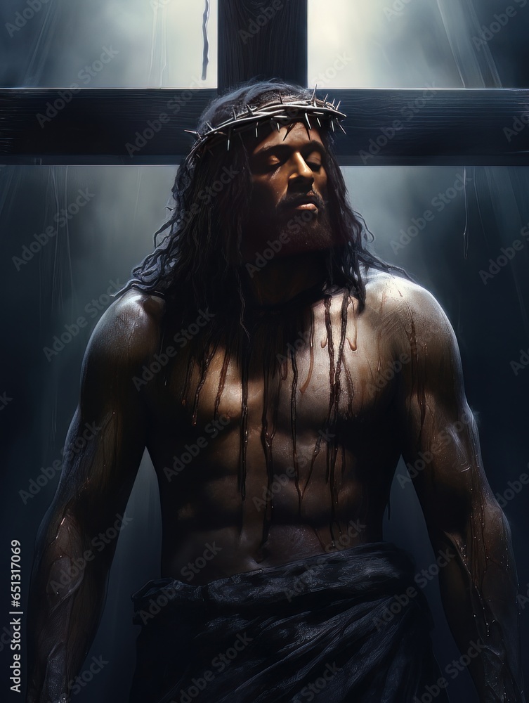Crucifixion of African Jesus Christ on the cross AI Stock Illustration