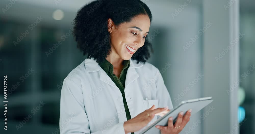 Medical, research and woman doctor with tablet and happy for online or internet results of a science project. Information, search and professional typing in a laboratory with technology planning Medical, research and woman doctor with tablet and happy for online or internet results of a science project. Information, search and professional typing in a laboratory with technology planning