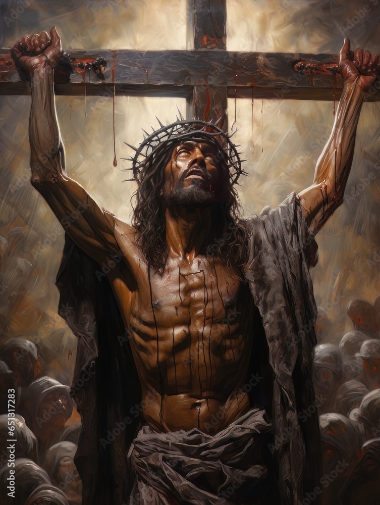 Crucifixion of African Jesus Christ on the cross AI StockIllustration