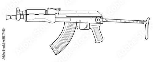 Vector illustration of AK47 soviet assault rifle with short barrel an extended stock. Left side.