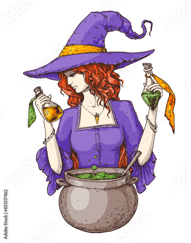 Young witch brews potion. Halloween witch illustration. Hand drawn. Halloween witch illustration. Hand drawn vector illustration. Halloween young witch.