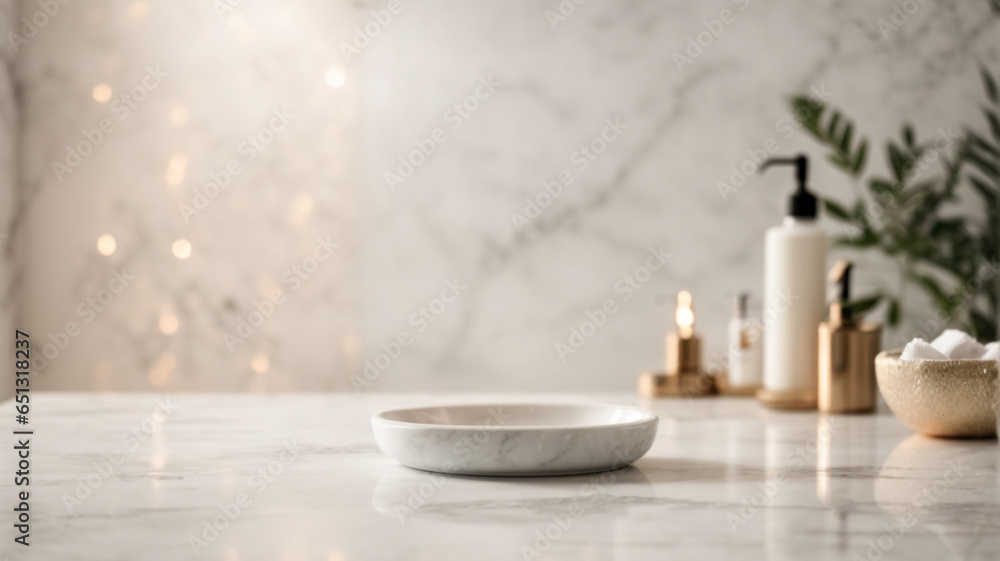 Empty marble bath table for montage of your products opposite white tile wall in elegant bathroom interior with accessories. Concept scene stage for montage product and promotional  - obrazy, fototapety, plakaty 