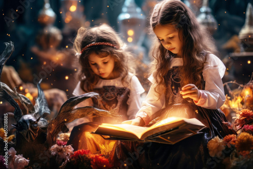 Two little girl princesses reading magic book. fairy tale, Halloween