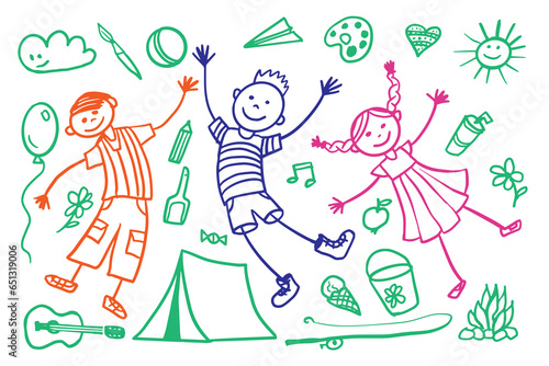 Сhildren with symbols of summer holydays. Summer kids camp activities. Card template design with kids on holidays for banners, posters, invitations.