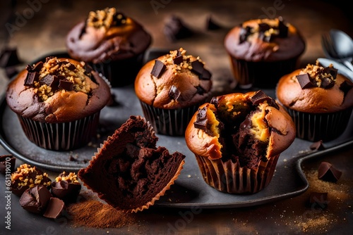 chocolate muffins with chocolate, A decadent muffin, rich with chocolate chunks, oozes a mouthwatering aroma. 