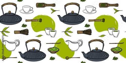 Matcha tea Vector doodle seamless pattern. Matcha tea powder, leaves,   teapot, traditional cup, whisk, tools for Japanese ceremony. Green tea ceremony. Texture, pattern for package design