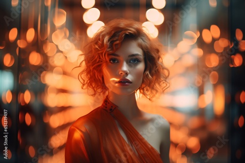 Creative photography of a fashion model woman with blurred creative lighting in the background