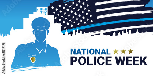 National Police Week banner vector template. Celebrated annual in United States in May.  Silhuettes of policeman Officer and flag on city landscape. Illustration for poster, card, banner.