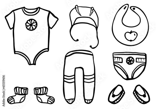 Set of hand drawn doodle baby clothes. Nursery outline design. Vector illustration isolated on white background. Fashion design set for baby. rompers, bonnet, vest, booties, diaper, bib