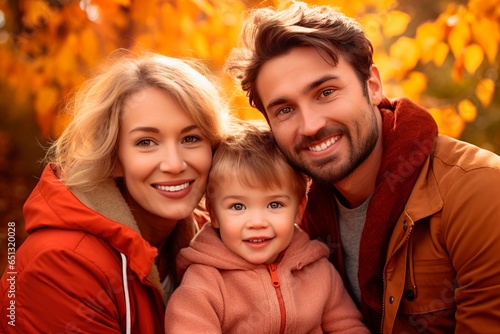 Family portrait enjoying sunny day during cold autumn weathers