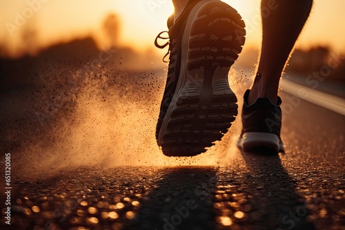 Runner feet running on road at sunrise. woman fitness jogging workout wellness concept
