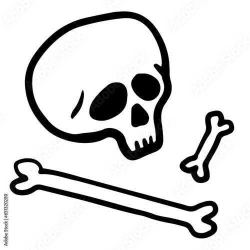 Human skull bones. Hand drawn black line art vector illustration. Death symbol. Doodle skull skeleton for halloween, pirate, archaeological, paleontological magic, alchemy poster, book, game, web