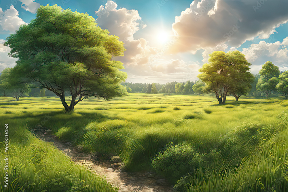 Fototapeta premium Panoramic view of a field of grass and trees under sunlight and a cloudy sky 