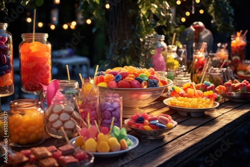 A variety of different types of candies displayed on a wooden table. Perfect for sweet tooth cravings or festive occasions.