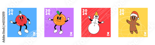 Merry Christmas and Happy new year groovy character. Hippie groovy poster with orange, snowman and Christmas toy. On trendy style with a 70's vibes. Vector illustration