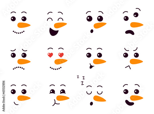 Cute snowman faces. Kawaii snowman heads. Cartoon vector illustration