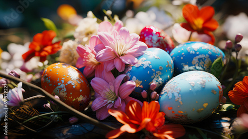 Fresh spring flowers and colorful Easter eggs. Creative decoration for Easter holidays
​