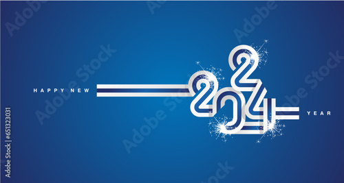 2024 New Year continuous ribbon in the shape of 2024. Abstract white blue flag of Finland in the shape of 2024 logo with sparkle firework for calendar, banner, poster, social media post