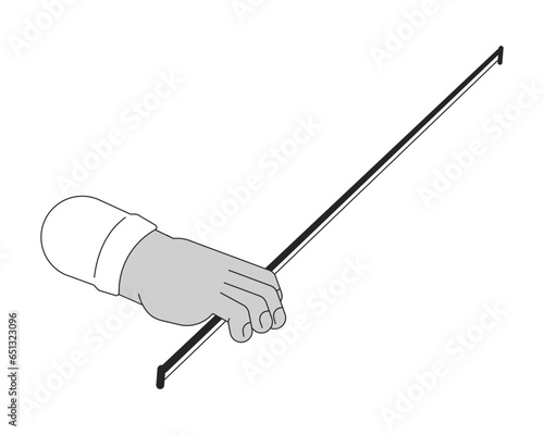 Violin bow holding cartoon human hand outline illustration. Playing musical string instrument 2D isolated black and white vector image. Right hand with cello bow flat monochromatic drawing clip art